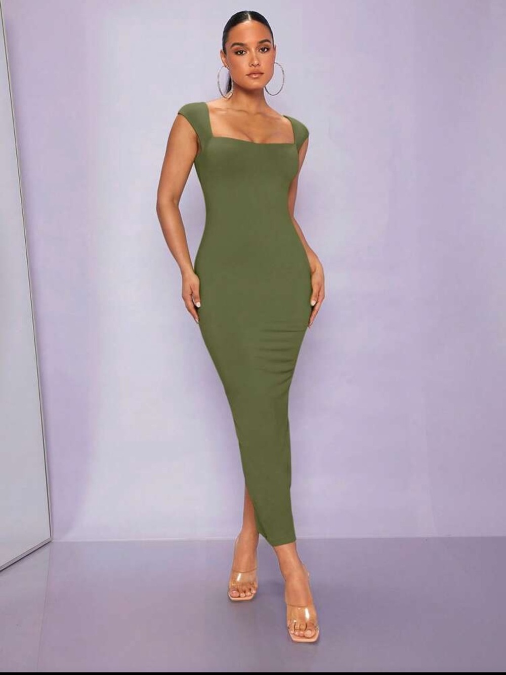 Army Green Square Neck Bodycon Dress